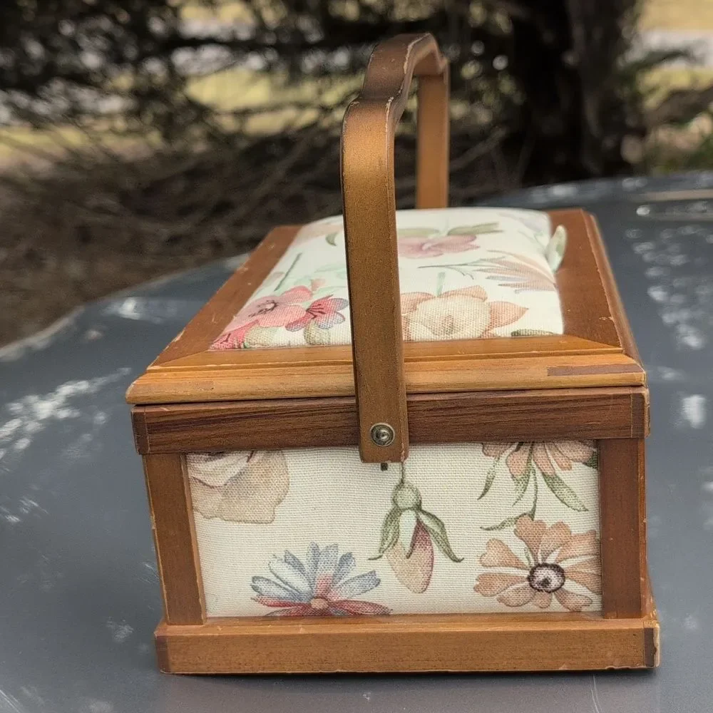 Vintage Wood and Floral Fabric Sewing Box with Handle